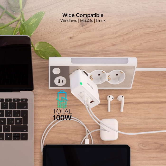 Tooq Cargador de Pared 100W con 2 Puertos USB-C PD y 1 Puerto USB-A QC
